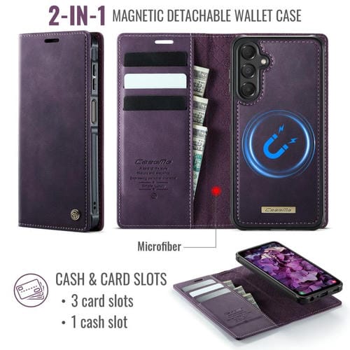 Funda de cuero desmontable con bloqueo RFID magnético para Samsung Galaxy A14 5G / M44 CaseMe C49 (morado)