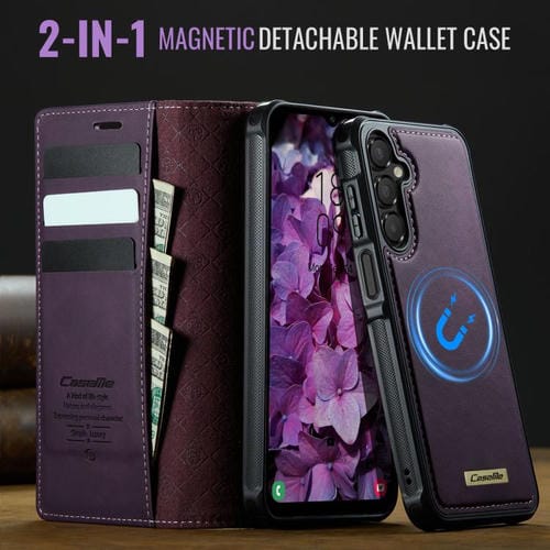 Funda de cuero desmontable con bloqueo RFID magnético para Samsung Galaxy A14 5G / M44 CaseMe C49 (morado)
