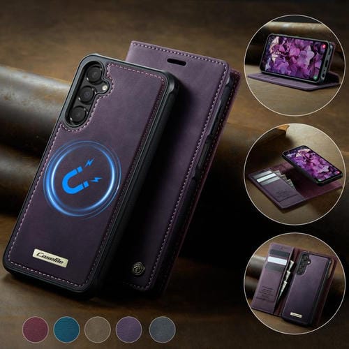 Funda de cuero desmontable con bloqueo RFID magnético para Samsung Galaxy A14 5G / M44 CaseMe C49 (morado)