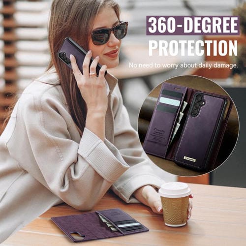 Funda de cuero desmontable con bloqueo RFID magnético para Samsung Galaxy A14 5G / M44 CaseMe C49 (morado)