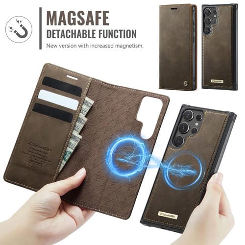 Funda de cuero desmontable con bloqueo RFID magnético para Samsung Galaxy S22 Ultra 5G CaseMe C49 (café)