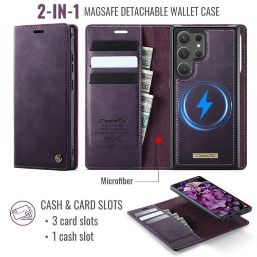Funda de cuero desmontable con bloqueo RFID magnético para Samsung Galaxy S23 Ultra 5G CaseMe C49 (morado)