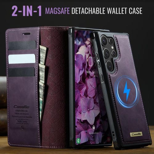 Funda de cuero desmontable con bloqueo RFID magnético para Samsung Galaxy S23 Ultra 5G CaseMe C49 (morado)