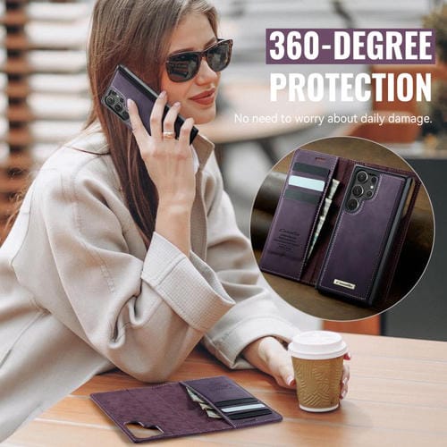 Funda de cuero desmontable con bloqueo RFID magnético para Samsung Galaxy S23 Ultra 5G CaseMe C49 (morado)