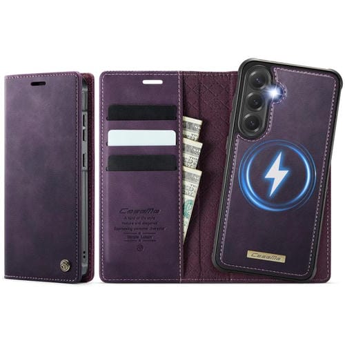 Funda de cuero desmontable con bloqueo RFID magnético para Samsung Galaxy S23 FE 5G CaseMe C49 (morado)