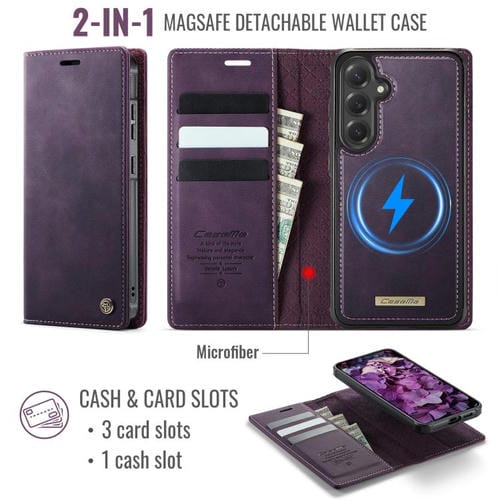 Funda de cuero desmontable con bloqueo RFID magnético para Samsung Galaxy S23 FE 5G CaseMe C49 (morado)