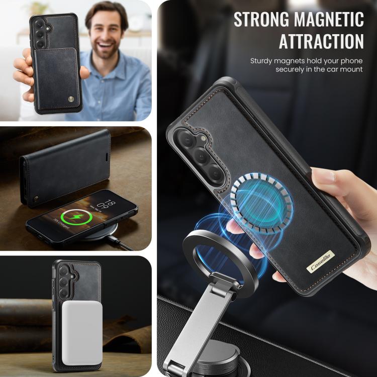 Funda de cuero desmontable CaseMe C49 con bloqueo RFID magnético para Samsung Galaxy S24 FE 5G (negra)