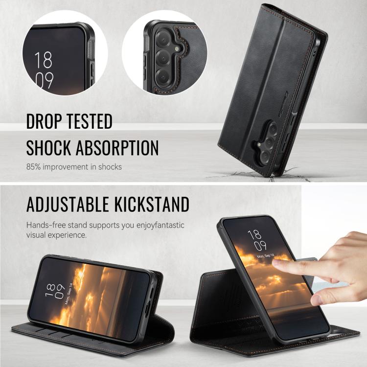 Funda de cuero desmontable CaseMe C49 con bloqueo RFID magnético para Samsung Galaxy S24 FE 5G (negra)