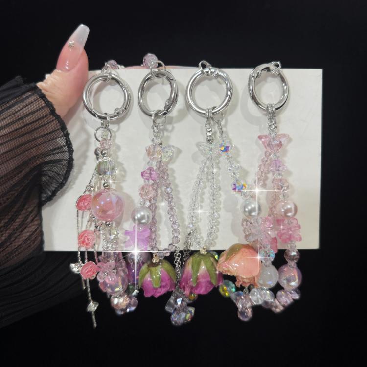 Cadena para teléfono móvil de doble capa con borlas de rosas y flores reales