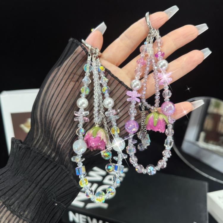 Cadena para teléfono móvil de doble capa con borlas de rosas y flores reales
