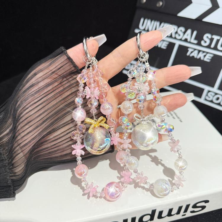 Cadena para teléfono con colgante de cuentas grandes de cristal rosa