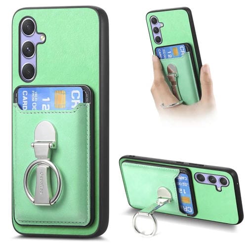 Funda retro plegable con anillo y tarjetero MagSafe para Samsung Galaxy A15 (verde)