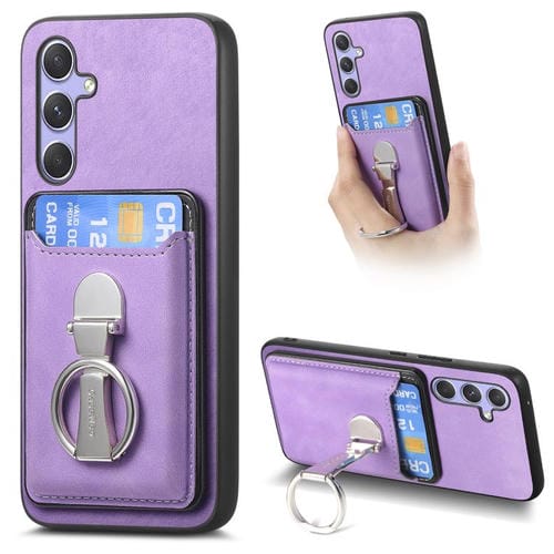 Funda retro plegable con anillo y tarjetero MagSafe para Samsung Galaxy A55 5G (morado)
