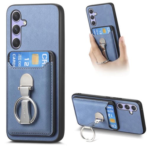 Funda retro plegable con anillo y tarjetero MagSafe para Samsung Galaxy A26 5G (azul)
