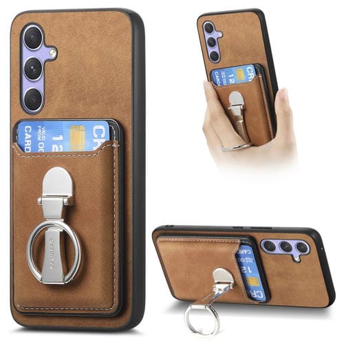 Funda retro plegable con anillo y tarjetero MagSafe para Samsung Galaxy A56 5G (marrón)