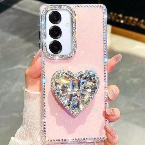 Funda con forma de corazón y diamantes brillantes para Samsung Galaxy S25+ 5G (rosa claro)