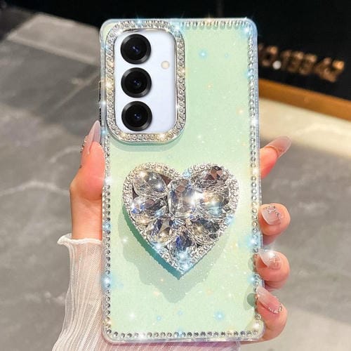 Funda con forma de corazón y diamantes brillantes para Samsung Galaxy S25+ 5G (verde claro)