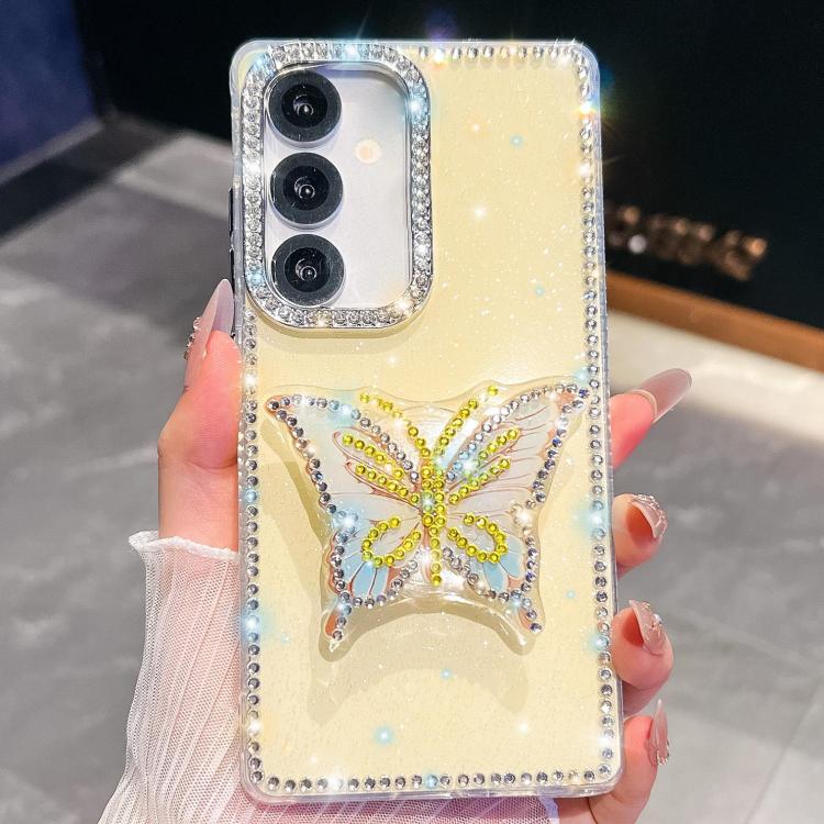 Funda con soporte para Samsung Galaxy S24 FE 5G, diseño de mariposa con purpurina y diamantes (amarillo claro)