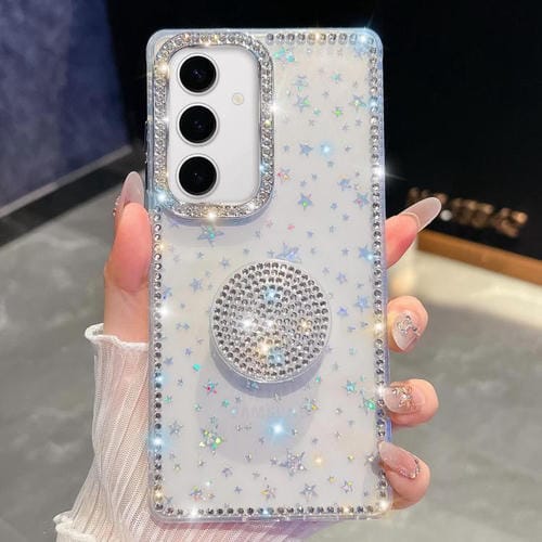 Funda para Samsung Galaxy S24 5G con purpurina y diamantes redondos (estrellas transparentes)
