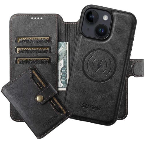 Funda de cuero Suteni Q05S1 3 en 1 con función de billetera desmontable y MagSafe para iPhone 13 (negra)