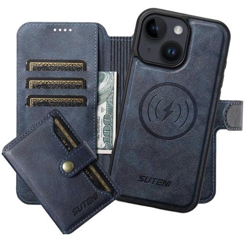 Funda de cuero Suteni Q05S1 3 en 1 con función de billetera desmontable y MagSafe para iPhone 13 (azul)
