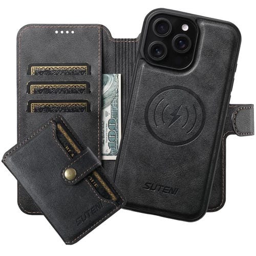 Funda de cuero Suteni Q05S1 3 en 1 con función de billetera desmontable y MagSafe para iPhone 14 Pro Max (negra)
