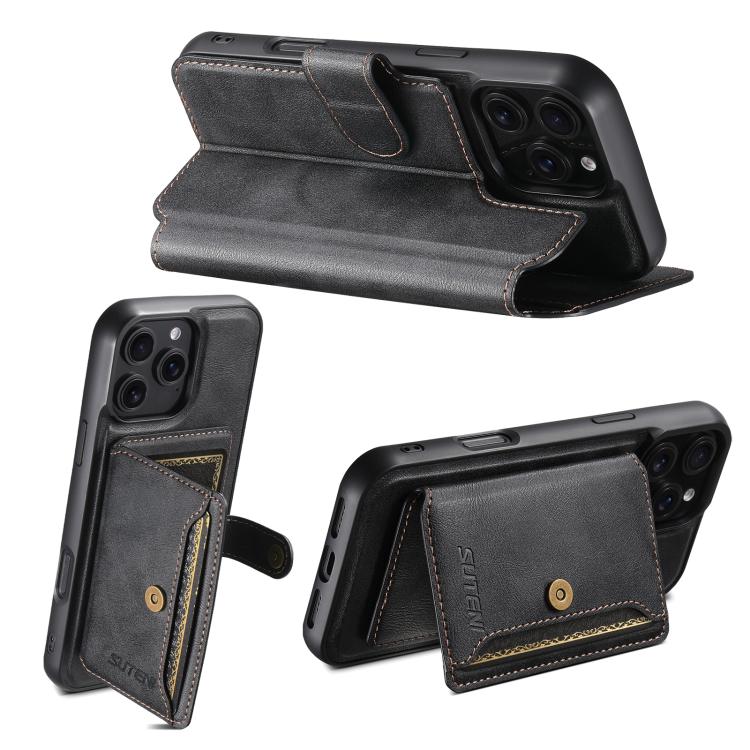 Funda de cuero Suteni Q05S1 3 en 1 con función de billetera desmontable y MagSafe para iPhone 14 Pro Max (negra)