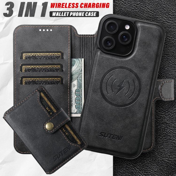 Funda de cuero Suteni Q05S1 3 en 1 con función de billetera desmontable y MagSafe para iPhone 14 Pro Max (negra)