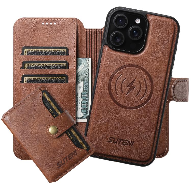 Funda de cuero Suteni Q05S1 3 en 1 con billetera desmontable y MagSafe para iPhone 15 Pro Max (marrón)