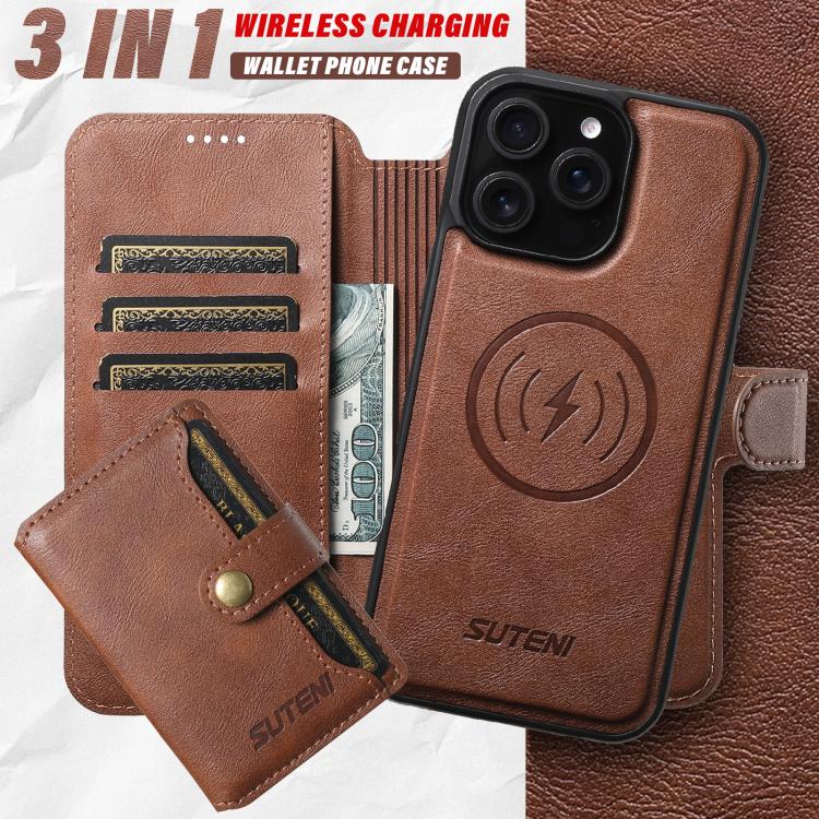 Funda de cuero Suteni Q05S1 3 en 1 con billetera desmontable y MagSafe para iPhone 15 Pro Max (marrón)