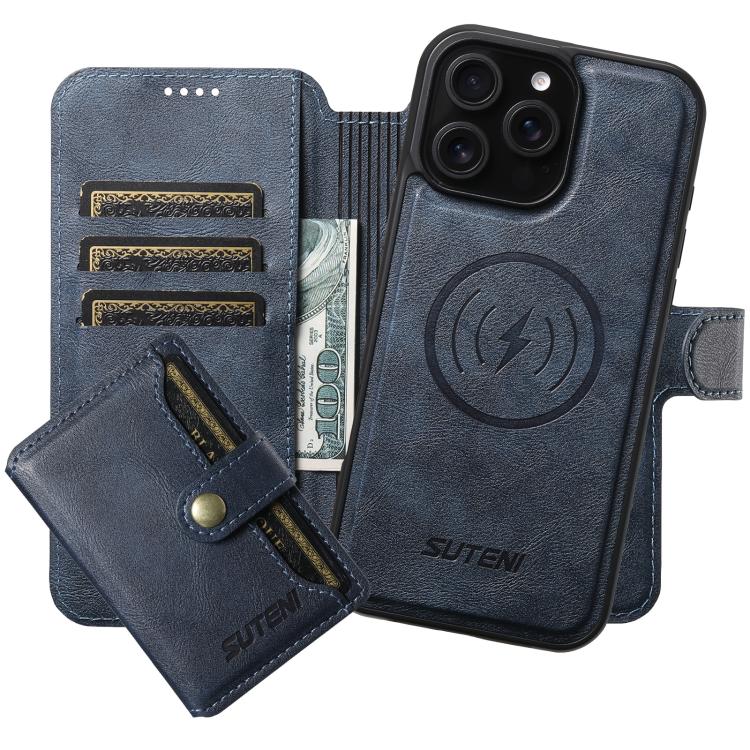 Funda de cuero Suteni Q05S1 3 en 1 con función de billetera desmontable y MagSafe para iPhone 15 Pro Max (azul)