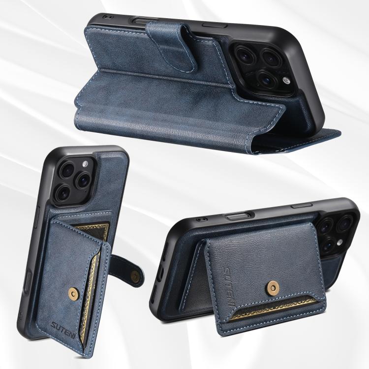 Funda de cuero Suteni Q05S1 3 en 1 con función de billetera desmontable y MagSafe para iPhone 15 Pro Max (azul)