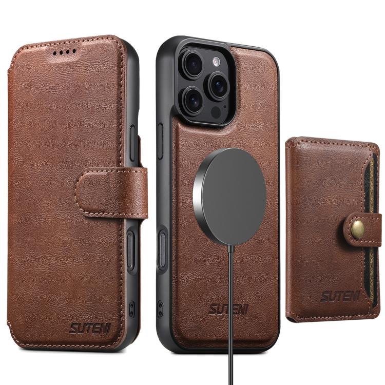 Funda de cuero Suteni Q05S1 3 en 1 con función de billetera desmontable y MagSafe para iPhone 16 Plus (marrón)