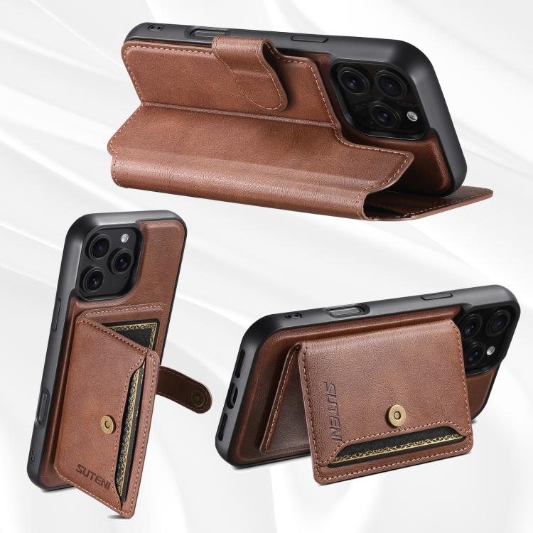 Funda de cuero Suteni Q05S1 3 en 1 con función de billetera desmontable y MagSafe para iPhone 16 Pro Max (marrón)