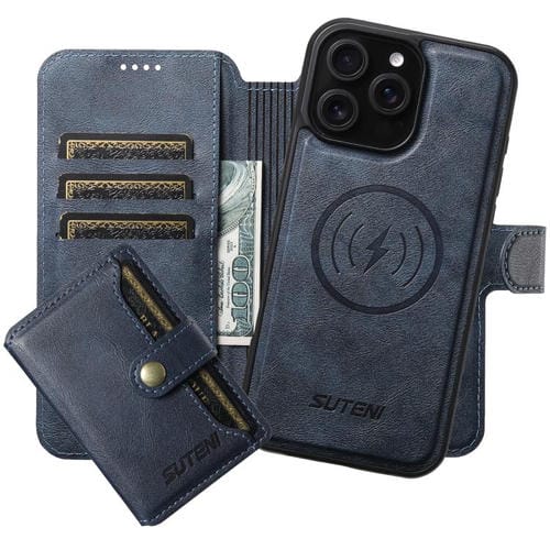 Funda de cuero Suteni Q05S1 3 en 1 con función de billetera desmontable y MagSafe para iPhone 16 Pro Max (azul)