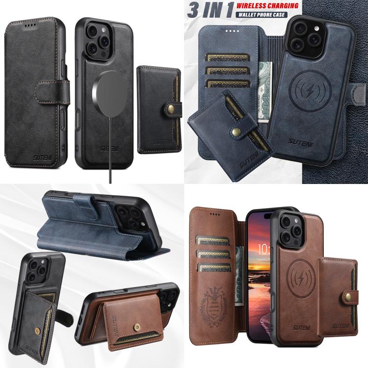Funda de cuero Suteni Q05S1 3 en 1 con función de billetera desmontable y MagSafe para iPhone 14 (marrón)