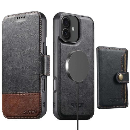 Funda de cuero Suteni Q06S1 3 en 1 con cierre magnético y desmontable para iPhone 16 Plus (negro)