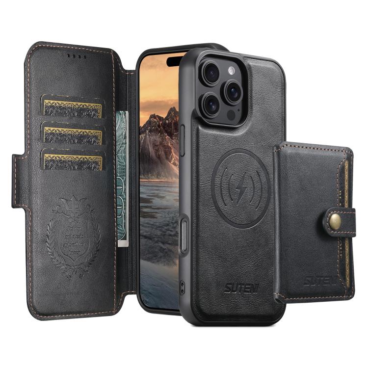 Funda de cuero Suteni Q06S1 3 en 1 con cierre magnético y desmontable para iPhone 16 Plus (negro)