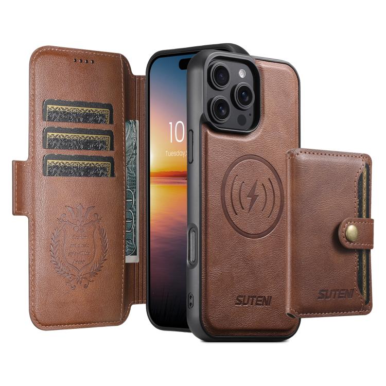 Funda de cuero Suteni Q06S1 3 en 1 con cierre magnético y billetera desmontable para iPhone 16 Plus (marrón)