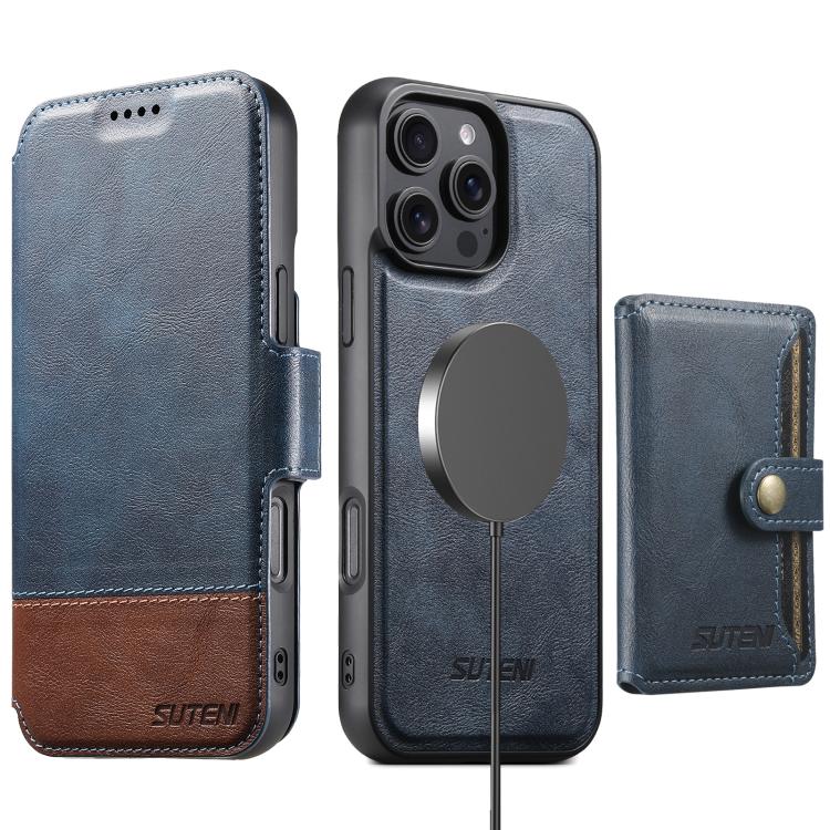 Funda de cuero Suteni Q06S1 3 en 1 con cierre magnético y billetera desmontable para iPhone 15 Pro Max (azul)