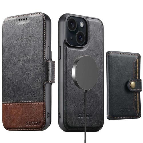 Funda de cuero Suteni Q06S1 3 en 1 con función de billetera desmontable y MagSafe para iPhone 15 (negra)