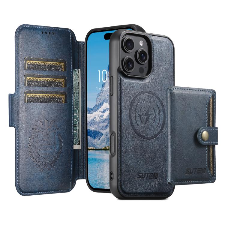 Funda de cuero Suteni Q06S1 3 en 1 con cierre magnético y billetera desmontable para iPhone 14 Pro Max (azul)