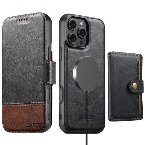 Funda de cuero Suteni Q06S1 3 en 1 con cierre magnético y billetera desmontable para iPhone 12 Pro Max (negro)