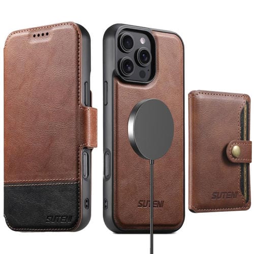 Funda de cuero Suteni Q06S1 3 en 1 con función de billetera desmontable y MagSafe para iPhone 12 Pro (marrón)