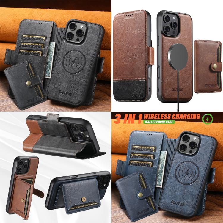 Funda de cuero Suteni Q06S1 3 en 1 con cierre magnético y billetera desmontable para iPhone 12 Pro Max (marrón)