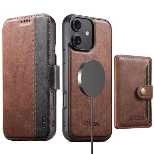 Funda de cuero Suteni Q07S1 3 en 1 con cierre magnético y billetera desmontable para iPhone 16 Plus (marrón)