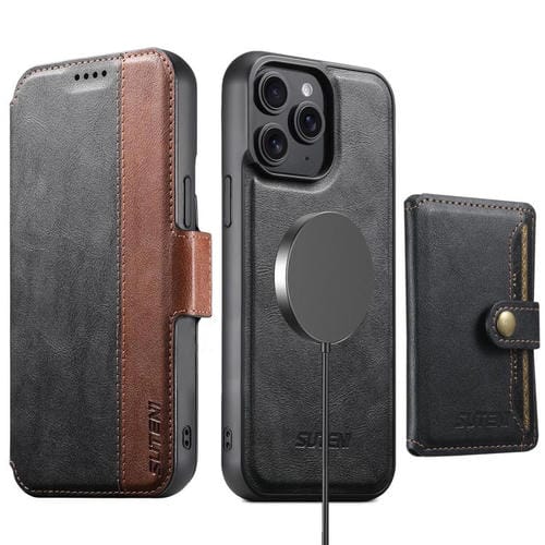 Funda de cuero Suteni Q07S1 3 en 1 con cierre magnético y billetera desmontable para iPhone 15 Pro Max (negro)