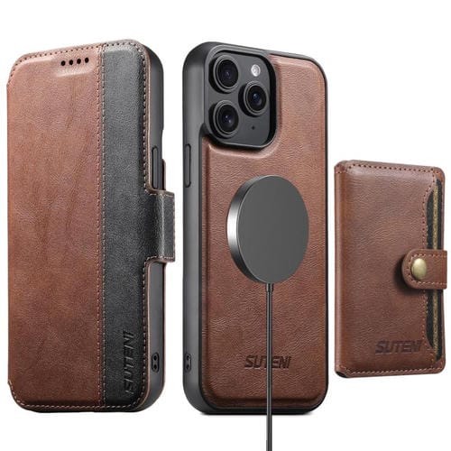 Funda de cuero Suteni Q07S1 3 en 1 con cierre magnético y billetera desmontable para iPhone 14 Pro Max (marrón)