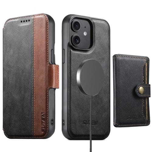 Funda de cuero Suteni Q07S1 3 en 1 con cierre magnético y billetera desmontable para iPhone 12 (negro)
