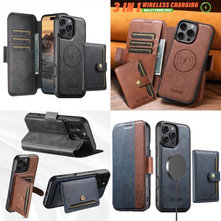 Funda de cuero Suteni Q07S1 3 en 1 con cierre magnético y billetera desmontable para iPhone 15 Plus (azul)
